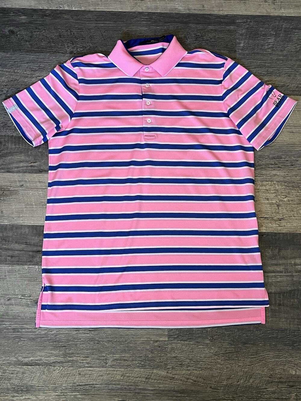 RLX Ralph Lauren Golf Polo Men L Pink Blue Wht Stripe Bear Mountain Performance